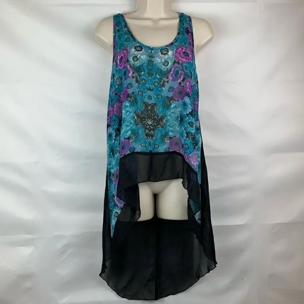 Ali & Kris black & floral print sheer high low top